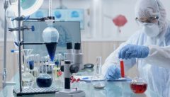 Scientist microbiologist doctor working with transparent glassware